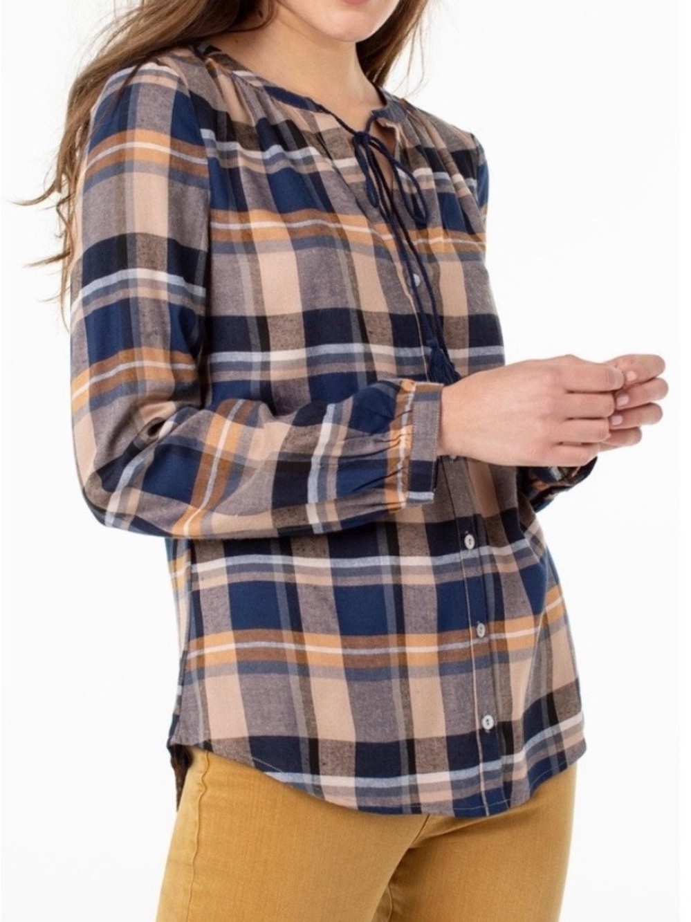 Liverpool Brown Tan Navy Plaid Boho Tie Front Tassel Viscose Fall Blouse Top